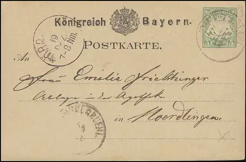 Bayern P 8II Wappen 5 Pf grün, DINKELSBÜHL 19.12.78 nach Nördlingen 19.12.