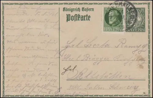 Bayern P 93I/03 Große Krone 5 Pf DV 16 & Zusatzfrankatur: ICHENHAUSEN 14.5.16