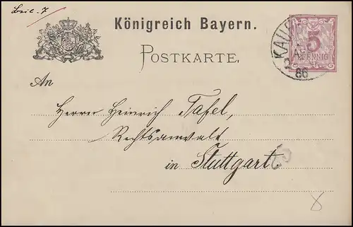 Bayern Postkarte Ziffer 5 Pf lila ohne DV: KAUFBEUREN 28.4.86 nach Stuttgart