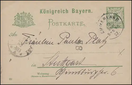 Bayern P 56II/02 Ziffer 5 Pf grün DV 02: AMMERLAND 13.9.02 nach Stuttgart 14.9.