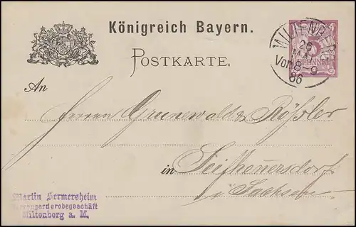Bayern Postkarte Ziffer 5 Pf lila ohne DV: MILTENBERG 26.5.86 n. Seifhenersdorf