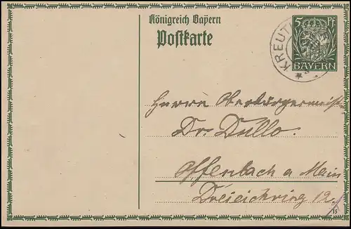 Bayern P 91I/02 Große Krone 5 Pf. KREUTH-DORF 17.8.15 nach Offenbach/Main