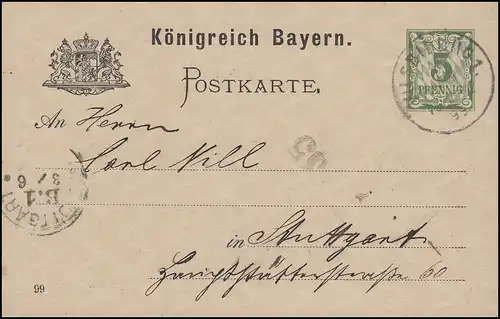 Bayern Postkarte Ziffer 5 Pf grün DV 99: VILSBIBURG 2.6.99 nach Stuttgart 3.6.