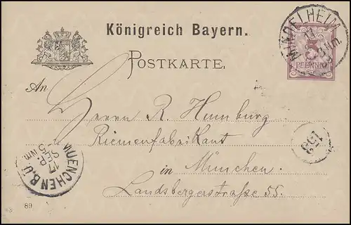 Carte postale de Bavière, chiffre 5 Pfila DV 89: MINDELHEIM 17.89. vers Munich 17.9.