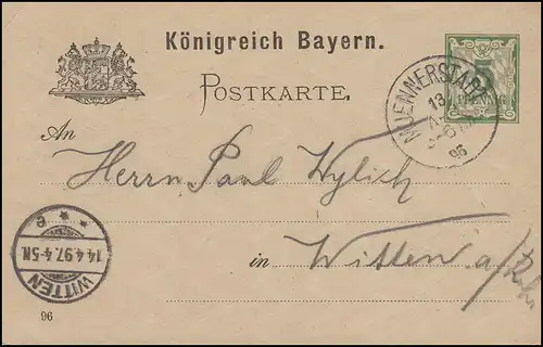 Bayern Postkarte Ziffer 5 Pf grün DV 96: MÜNNERSTADT 1.4.96 nach Witten 14.4.97