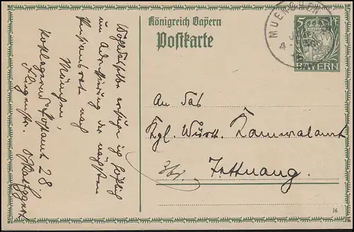 Bayern P 98I/03 Große Krone 5 Pf. DV 16: MÜNCHEN 27.1.16 nach Tettnang