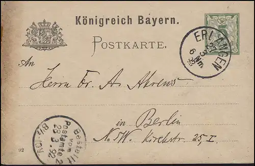 Bayern Postkarte Ziffer 5 Pf grün DV 92: ERLANGEN 27.3.92 nach Berlin 28.3.92