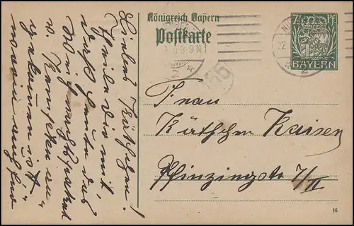 Bayern P 98I/01 Gr. Krone 7 1/2 Pf DV 16 Orts-PK NÜRNBERG 2 - 22.12.16