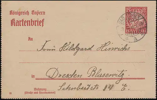 Bayern Kartenbrief K6/03 Krone 15 Pf. DV 18, BAD STEBEN 7.6.18 nach Dresden