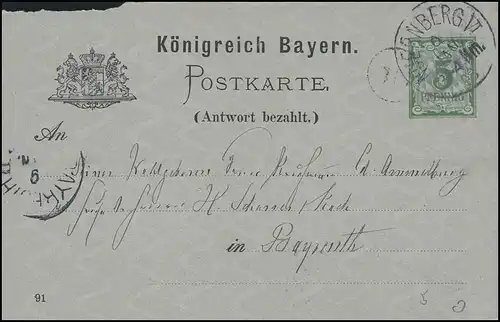 Bayern ANTWORTTEIL-Postkarte Ziffer 5 Pf. NÜRNBERG 9.1.93 nach BAYREEUTH 9.1.