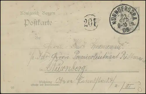 Bayern Orts-Postkarte NÜRNBERG 2. B.A. 23..9.05 & Kreisnummer 201