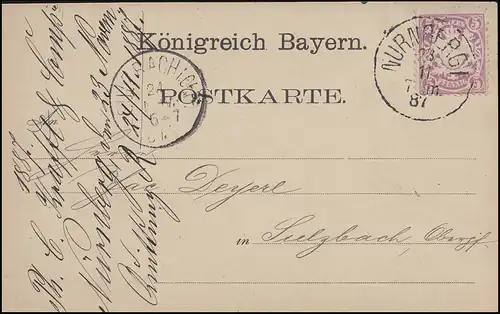 Bayern Wappen 5 Pf purpur EF Postkarte NÜRNBERG I. 23.11.87 nach SULZBACH 24.11.