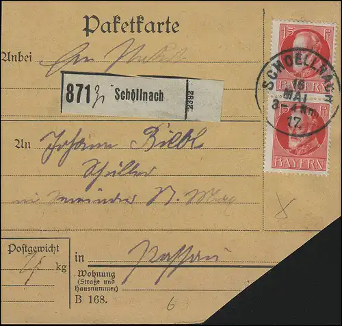 Bayern König Ludwig 15 Pf. comme MeF sur carte de paquet SCHÖLLNACH/Schöllnach 16.5.17