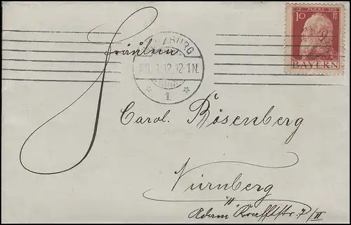 Bavière: 10 Pf Luitpold EF Bf WÜRZBURG 1. 28.1.12 vers Nuremberg Posttributeur-O 95