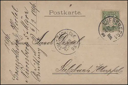 Bayern Wappen 5 Pf vert EF sur carte postale NÜRNBERG 6.3.96 vers SULZBACH 6.3,96