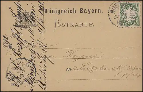 Bayern 5 Pf. Wappen EF Postkarte NÜRNBERG 10.6.92 nach SULZBACH 10.6.92