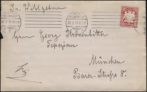 Bavière 10 Pf. Wappen, EF Lieux-Lettre MÜNCHEN 26.2.11 avec timbre