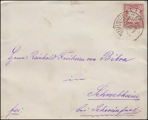 Bayern 10 Pfennig EF Bf. NÜRNBERG I. - 30.5. vers Schwebheim / SCHWEINFURT 31.5.