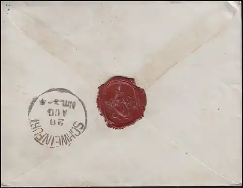 Bayern 10 Pfennig EF Bf. NÜRNBERG I. - 20.8. vers Schwebheim SCHWEINFURT 20.8.