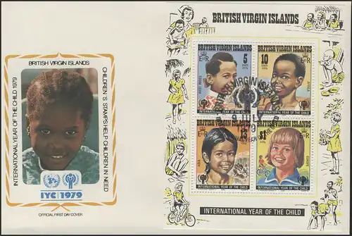 British Virgin Islands: Lachende Kinderporträts, Block auf Schmuck-FDC