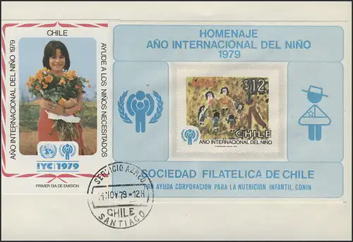 Chile: Kinderzeichnung - Meine Familie, Block auf Schmuck-FDC