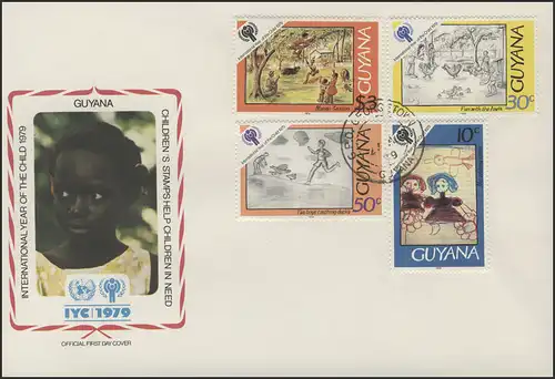 Guyane: dessins pour enfants - Casse-tête et oiseaux, 4 valeurs sur 1 FDC de bijoux