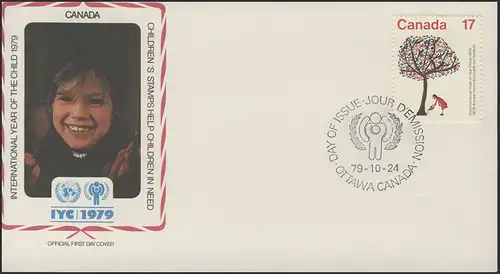 Kanada: Kinderzeichnung - Kind begießt Baum, 1 Wert auf Schmuck-FDC