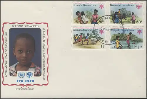 Grenada Grenadines: Kinderalltag, 4 Werte + 1 Block auf 2 Schmuck-FDC