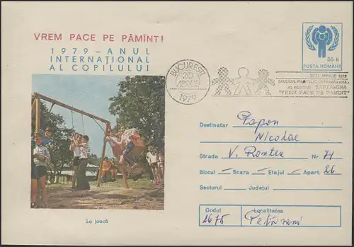 Rumänien: Schmuck-Umschlag Kinder beim Schaukeln, SSt Bukarest 20.4.1979