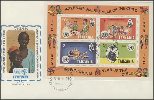 Tanzanie: Carte pour enfants, bloc de 4 timbres sur un FDC de bijoux
