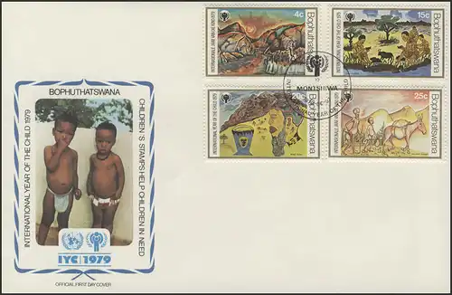 Bophuthatswana: Kinderzeichnungen, 4 Marken auf Schmuck-FDC