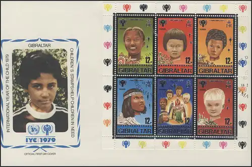 Gibraltar: Weihnachten & Kinderköpfe, Kleinbogen mit 6 Werten auf Schmuck-FDC