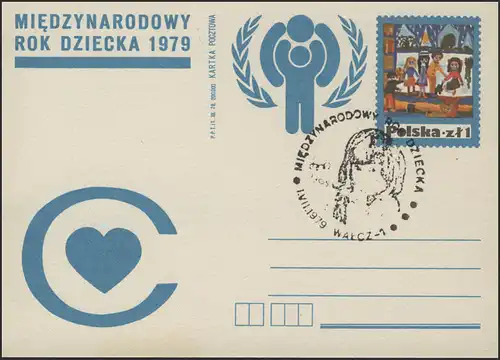 Polen: Sonder-Postkarte Herz & IYC-Logo Kinderzeichnung SSt Wałcz 1.7.1979
