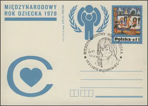 Pologne: Carte postale spéciale Cœur & IYC Logo des dessins pour enfants SSt Wągrowiec 14.6.1979