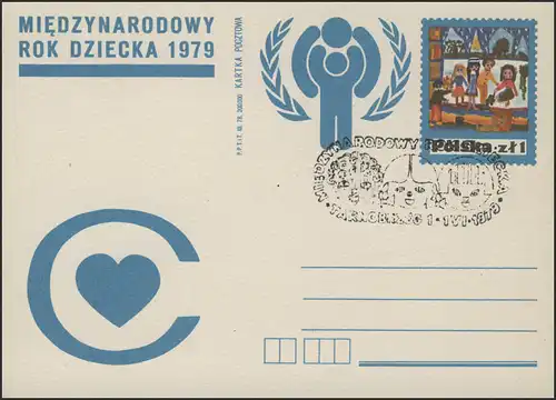 Polen: Sonder-Postkarte Herz & IYC-Logo Kinderzeichnung SSt Tarnobrzeg 1.6.1979