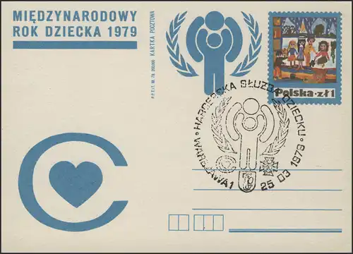 Pologne Carte postale spéciale Cœur & IYC Logo des enfants dessin SSt Varsovie 25.3.1979