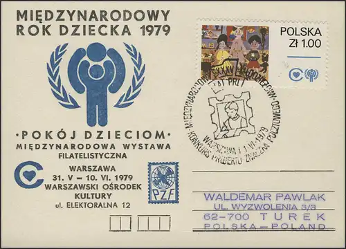 Polen: Postkarte Ausstellung IYC-Logo, EF Kinderzeichnung SSt Warschau 1.6.1979