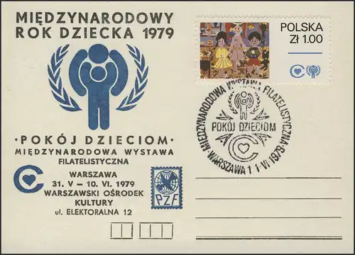 Polen Postkarte Ausstellung IYC-Logo EF Kinderzeichnung SSt Warschau Herz 1979