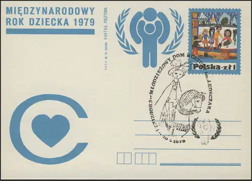 Polen: Sonder-Postkarte Herz & IYC-Logo Kinderzeichnung SSt Chodzież 20.5.1979