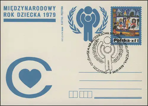 Polen: Sonder-Postkarte Herz & IYC-Logo Kinderzeichnung SSt Stettin 24.6.1979