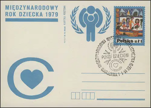Polen: Sonder-Postkarte Herz & IYC-Logo Kinderzeichnung SSt Warschau 1.6.1979