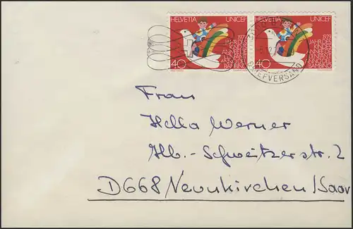 Schweiz: Kind und Friedenstaube, Paar als MeF auf Auslands-Brief Bern 5.12.79