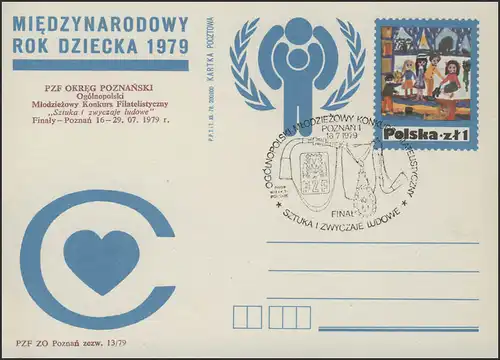Polen: Sonder-Postkarte Herz & IYC-Logo Kinderzeichnung SSt Poznan 16.7.1979