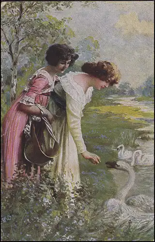 Ansichtskarte Am Teich & Schwäne, MeF 5 Pf Ludwig AMBERG 13.1.19 nach Bayreuth