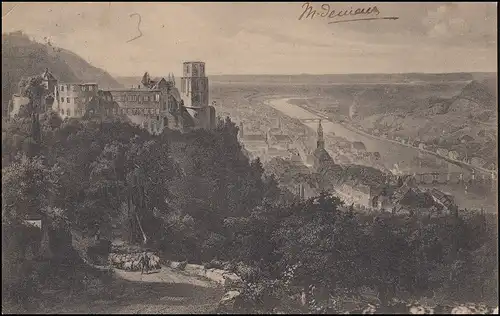 Carte vue sur le château de Heidelberg et sur Neckar, 22 août 1908