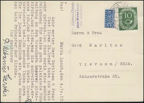 Ansichtskarte Maria Laach, EF Posthorn 10 Pf. MARIA LAACH über ANDERNACH 4.10.53