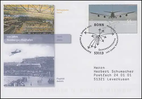 USo 224 Hamburger Flughafen, FDC Erstverwendung Bonn Flugzeuge 3.1.11