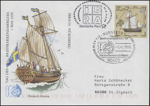 USo 8 IBRA & Postjacht Hiorten, SSt Nürnberg FIP-Logo 1.5.99 & IBRA-Nebenstempel