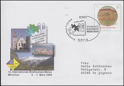 USo 175 Briefmarkenbörse München, FDC Erstverwendung Bonn ALPEN-ADRIA 12.2.2009