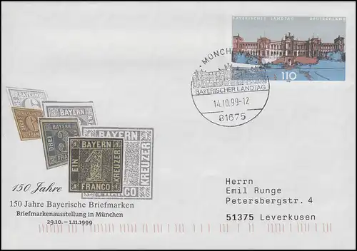 USo 11 Bayerische Briefmarken, FDC ESSt München Bayerischer Landtag  14.10.99